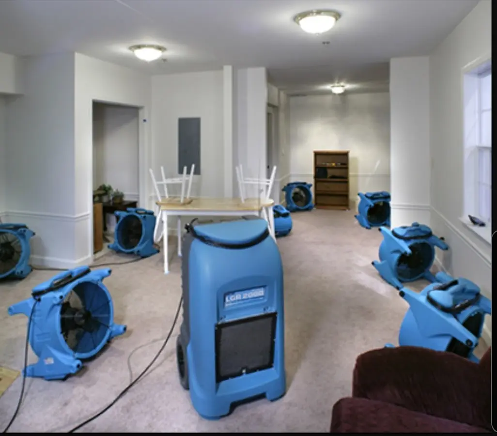 Air movers and dehumidifier setup for Water Damage Restoration in San Bernardino